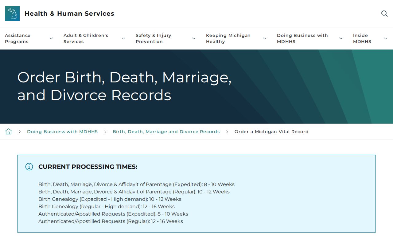 Eastpointe residents directory Michigan vital records order page
